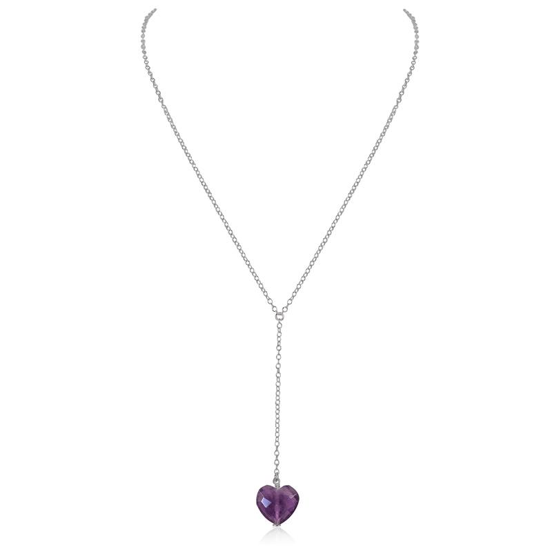 Amethyst Crystal Heart Lariat Necklace - Amethyst Crystal Heart Lariat Necklace - Stainless Steel - Luna Tide Handmade Crystal Jewellery
