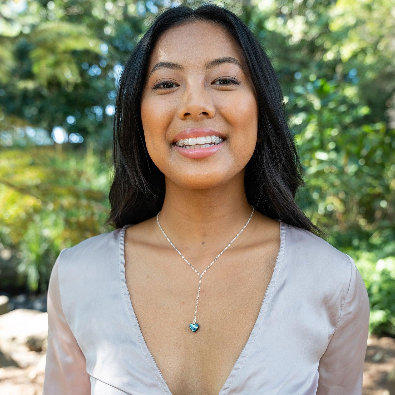 Abalone Shell Heart Lariat Necklace - Abalone Shell Heart Lariat Necklace - Sterling Silver - Luna Tide Handmade Crystal Jewellery