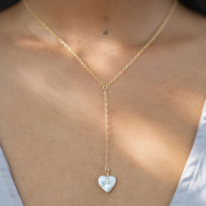 Freshwater Pearl Heart Lariat Necklace - Freshwater Pearl Heart Lariat Necklace - 14k Gold Fill - Luna Tide Handmade Crystal Jewellery