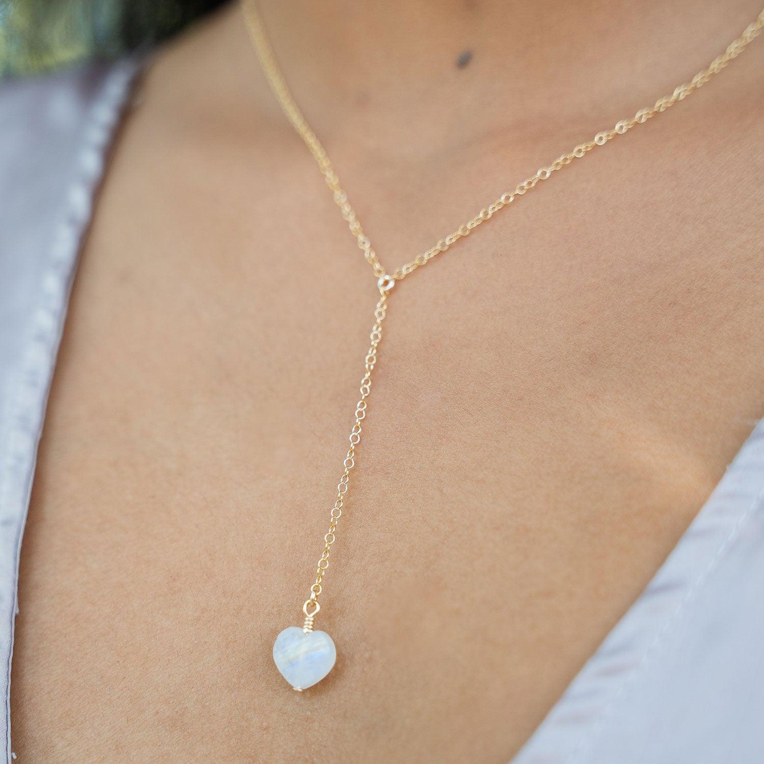 Rainbow Moonstone Crystal Heart Lariat Necklace - Rainbow Moonstone Crystal Heart Lariat Necklace - 14k Gold Fill - Luna Tide Handmade Crystal Jewellery