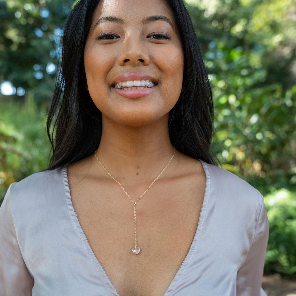 Rose Quartz Crystal Heart Lariat Necklace - Rose Quartz Crystal Heart Lariat Necklace - 14k Gold Fill - Luna Tide Handmade Crystal Jewellery