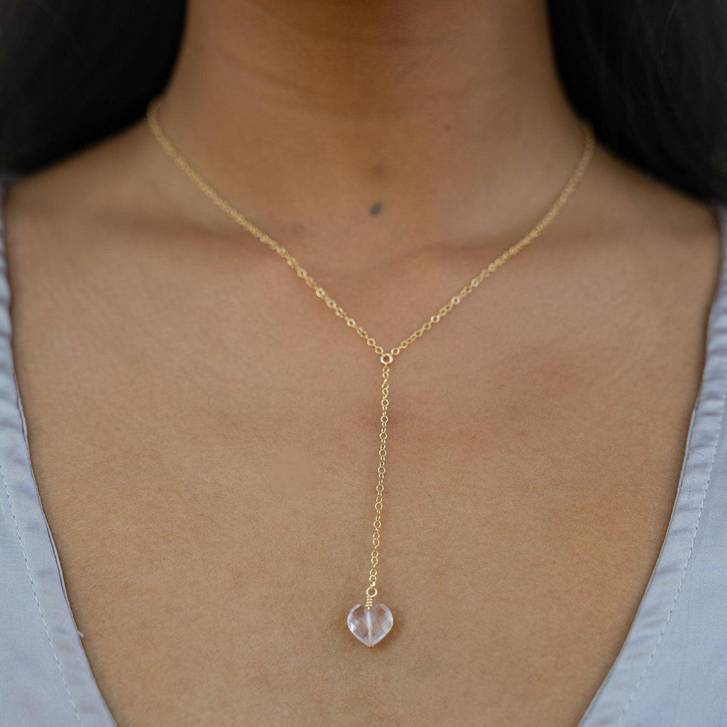 Rose Quartz Crystal Heart Lariat Necklace - Rose Quartz Crystal Heart Lariat Necklace - 14k Gold Fill - Luna Tide Handmade Crystal Jewellery