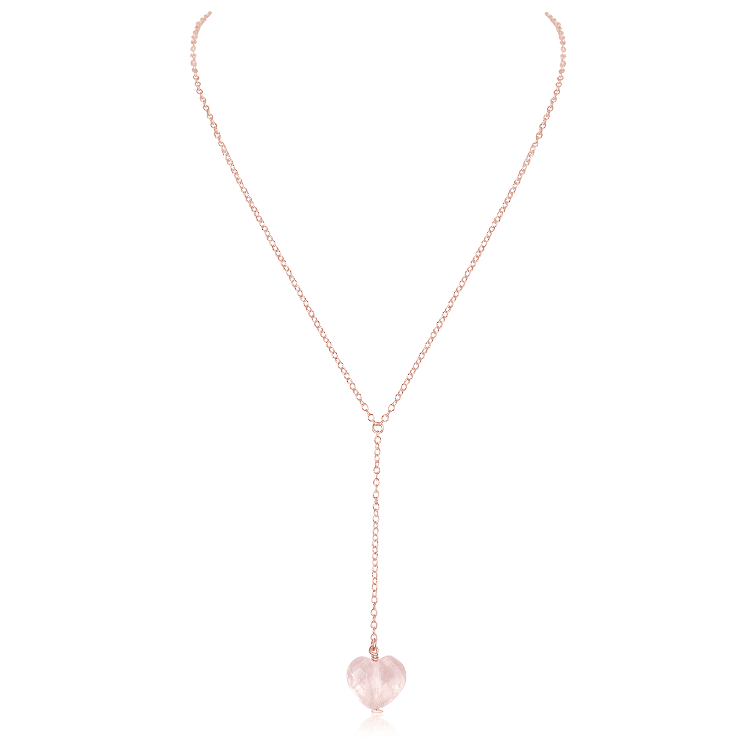 Rose Quartz Crystal Heart Lariat Necklace - Rose Quartz Crystal Heart Lariat Necklace - 14k Rose Gold Fill - Luna Tide Handmade Crystal Jewellery