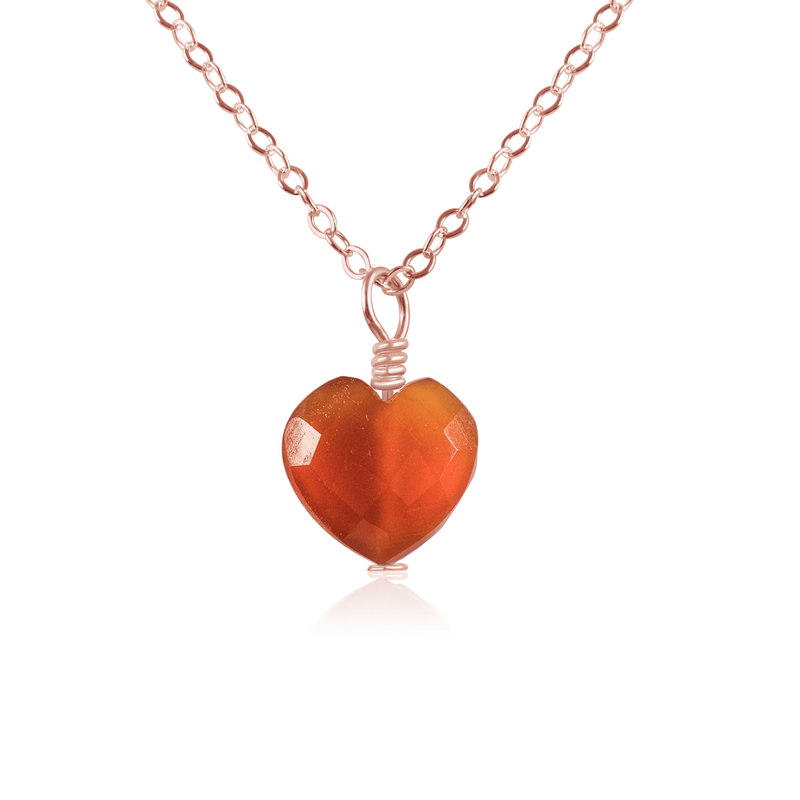 Carnelian Crystal Heart Pendant Necklace - Carnelian Crystal Heart Pendant Necklace - 14k Rose Gold Fill / Cable - Luna Tide Handmade Crystal Jewellery