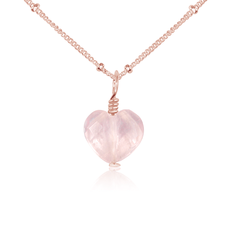 Rose Quartz Crystal Heart Pendant Necklace - Rose Quartz Crystal Heart Pendant Necklace - 14k Rose Gold Fill / Satellite - Luna Tide Handmade Crystal Jewellery