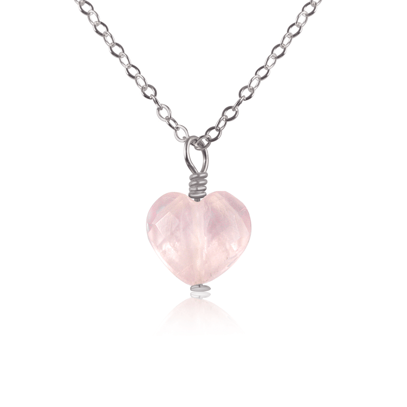 Rose Quartz Crystal Heart Pendant Necklace - Rose Quartz Crystal Heart Pendant Necklace - Stainless Steel / Cable - Luna Tide Handmade Crystal Jewellery