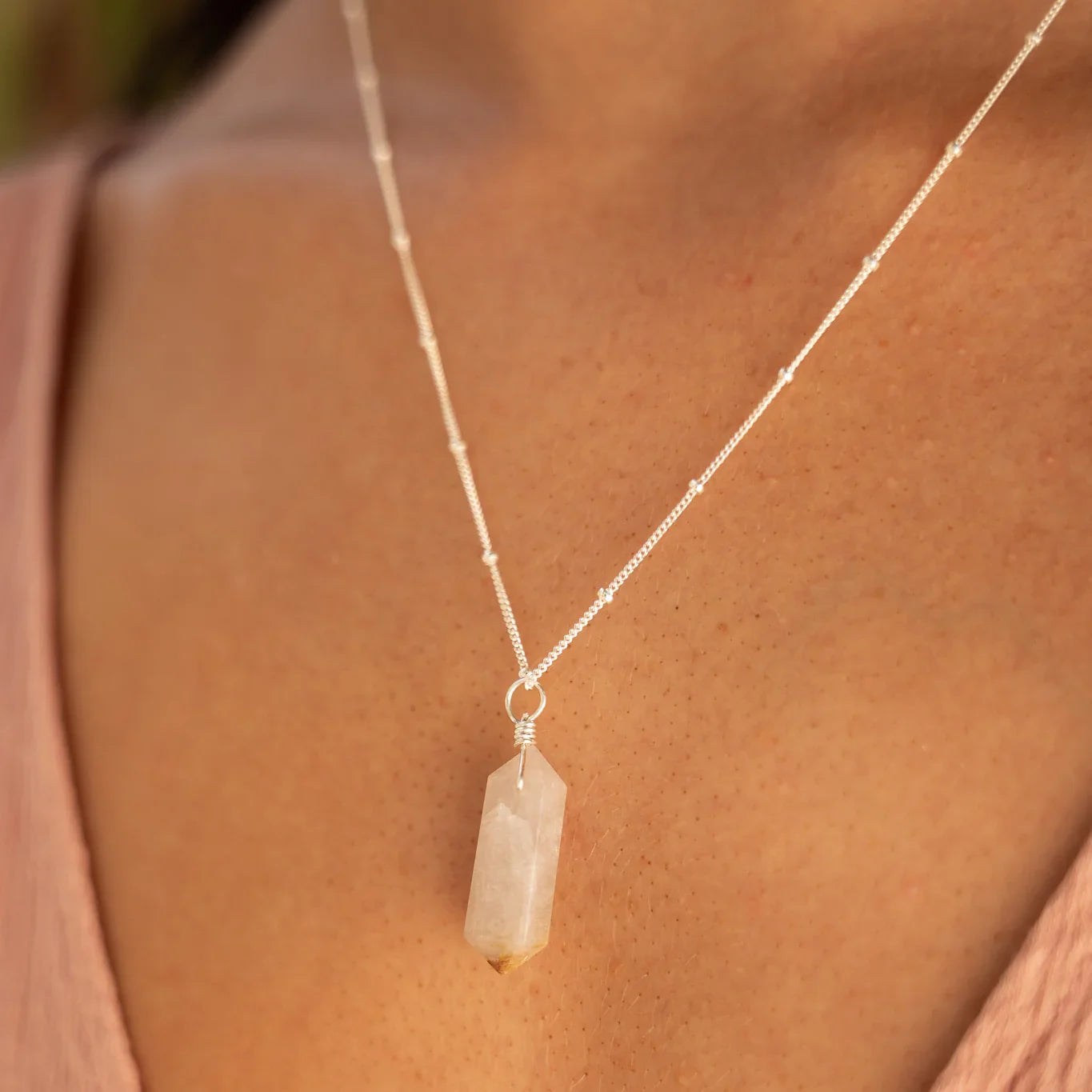 Large Double Terminated Golden Rutilated Quartz Crystal Pendant Necklace