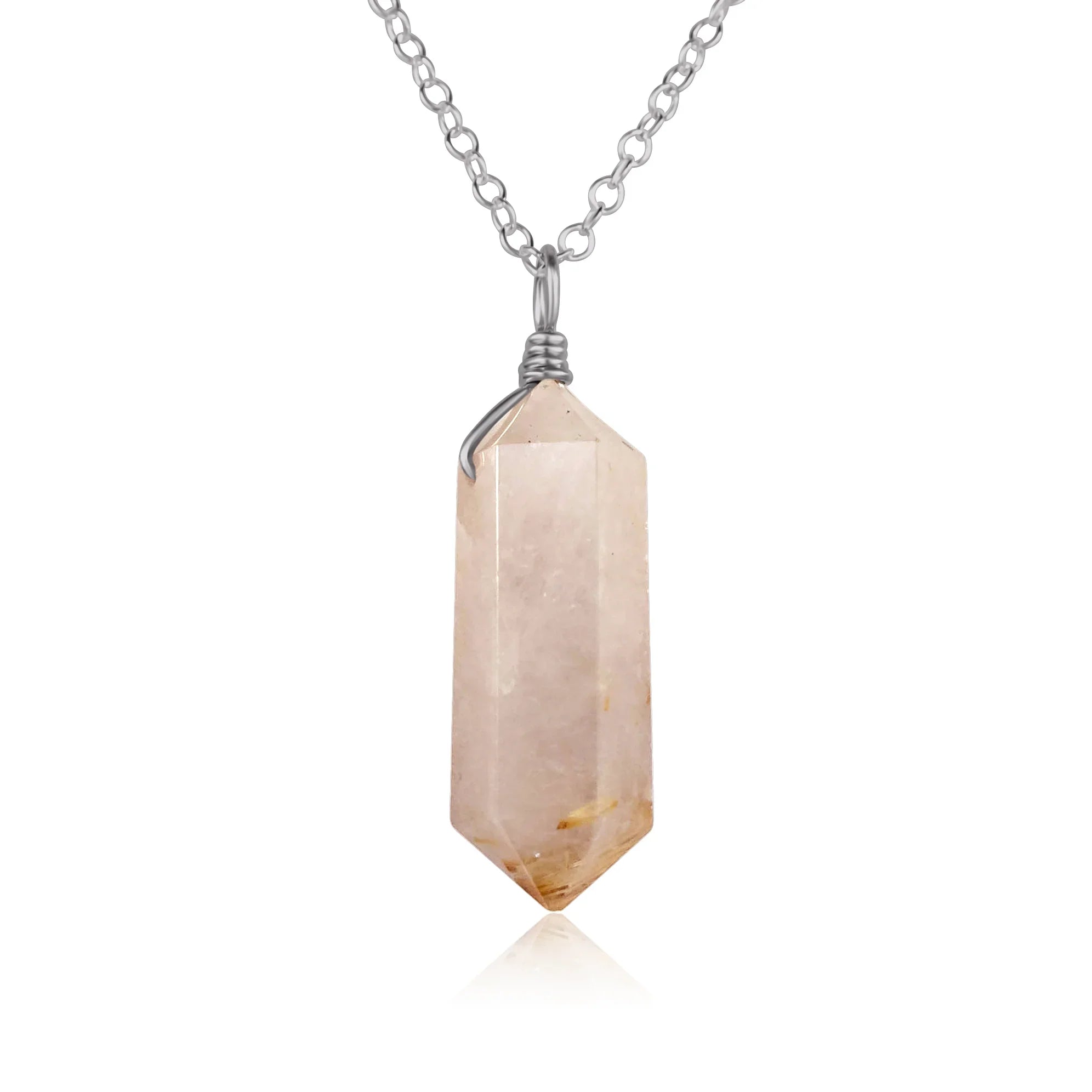 Large Double Terminated Golden Rutilated Quartz Crystal Pendant Necklace