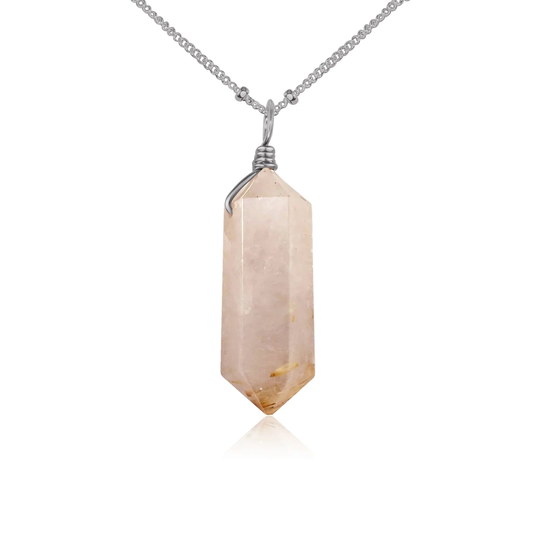 Large Double Terminated Golden Rutilated Quartz Crystal Pendant Necklace