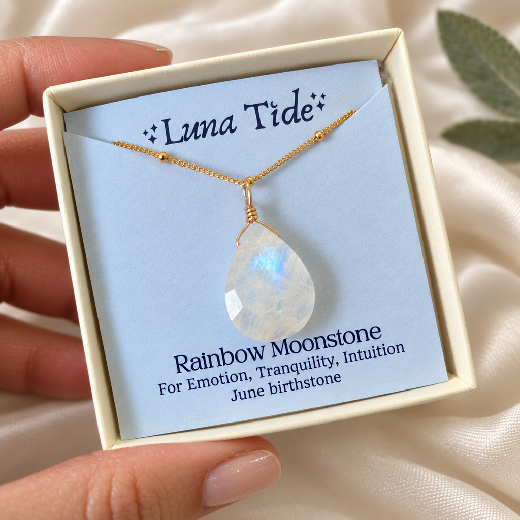 Large Rainbow Moonstone Teardrop Necklace
