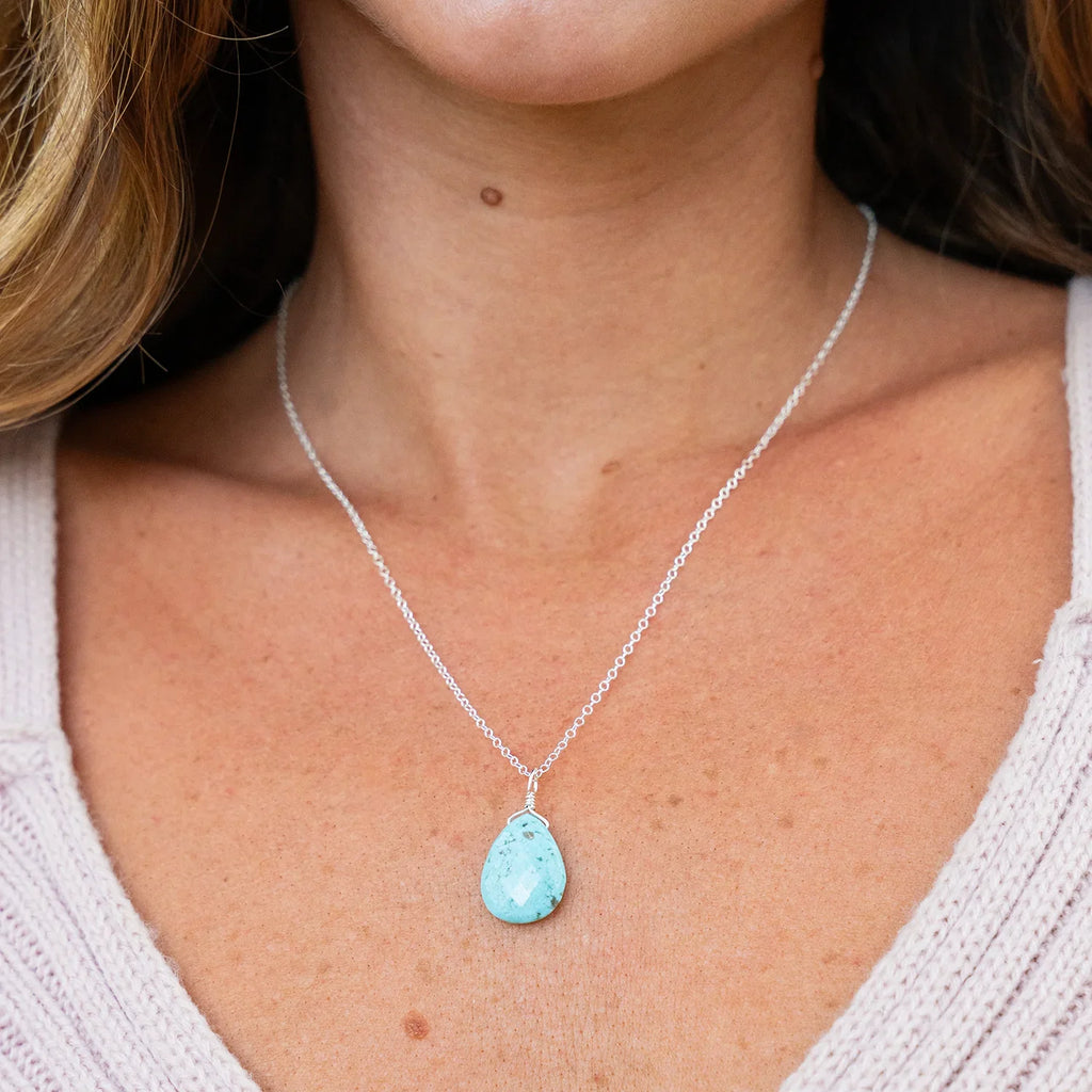 Large Turquoise Faceted Teardrop Crystal Pendant Necklace
