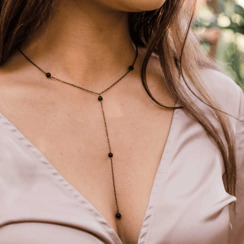 Bronze Lava Stone Dainty Crystal Lariat Necklace