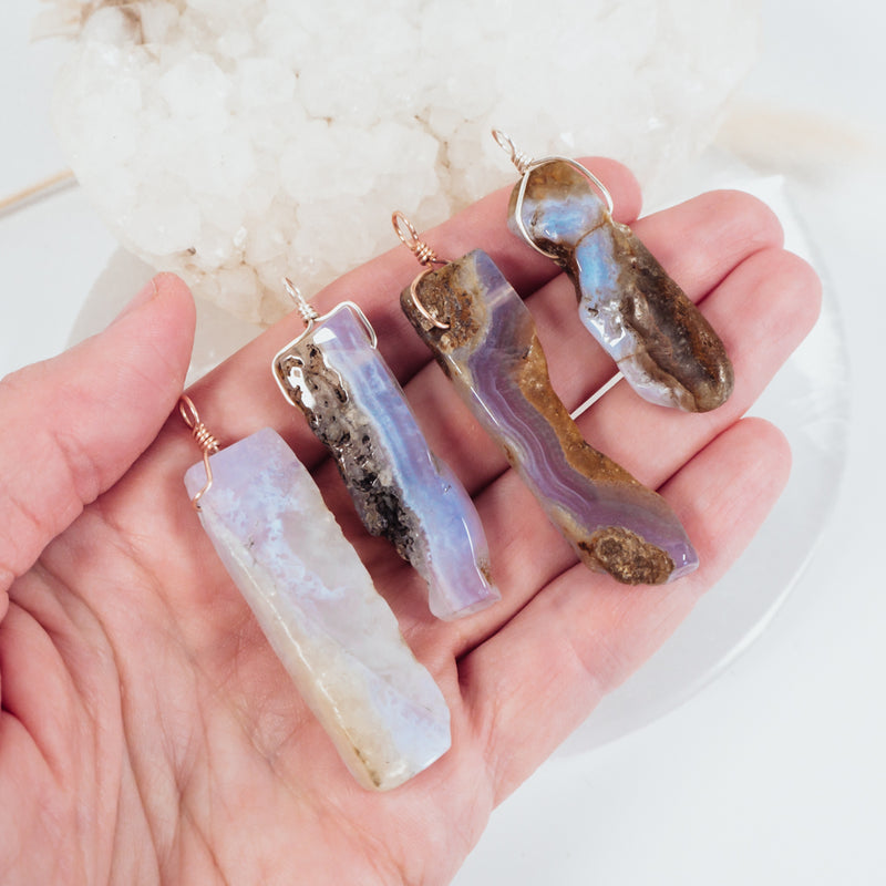 Polished Raw Natural Blue Lace Agate Crystal Slice Point Pendant