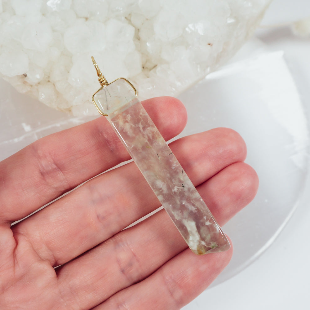 Raw Polished Natural Prehnite Crystal Slice Point Pendant