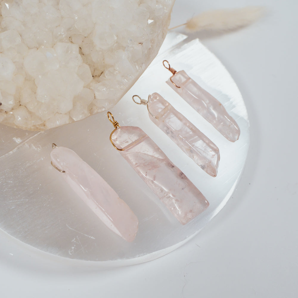 Polished Raw Natural Rose Quartz Crystal Slice Point Pendant