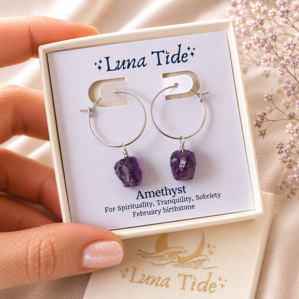 Raw Amethyst Gemstone Dangle Hoop Earrings