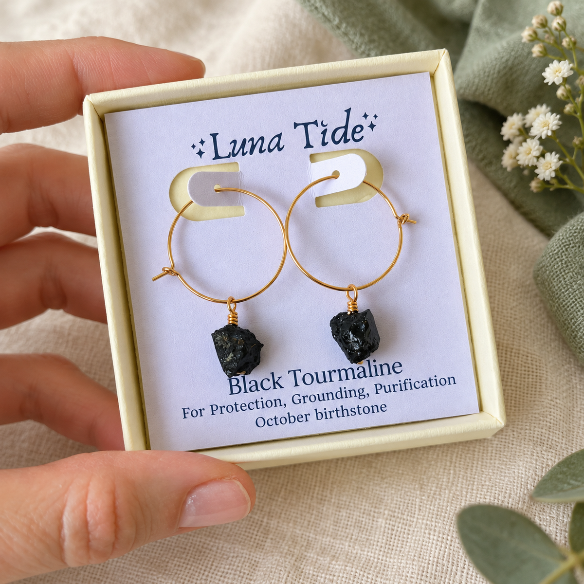 Raw Black Tourmaline Gemstone Dangle Hoop Earrings