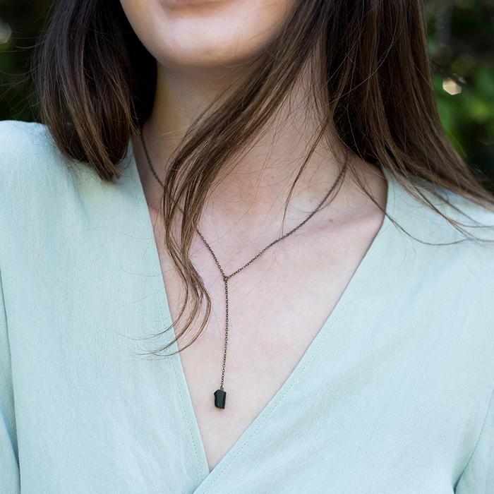 Bronze Black Tourmaline Raw Crystal Lariat Necklace