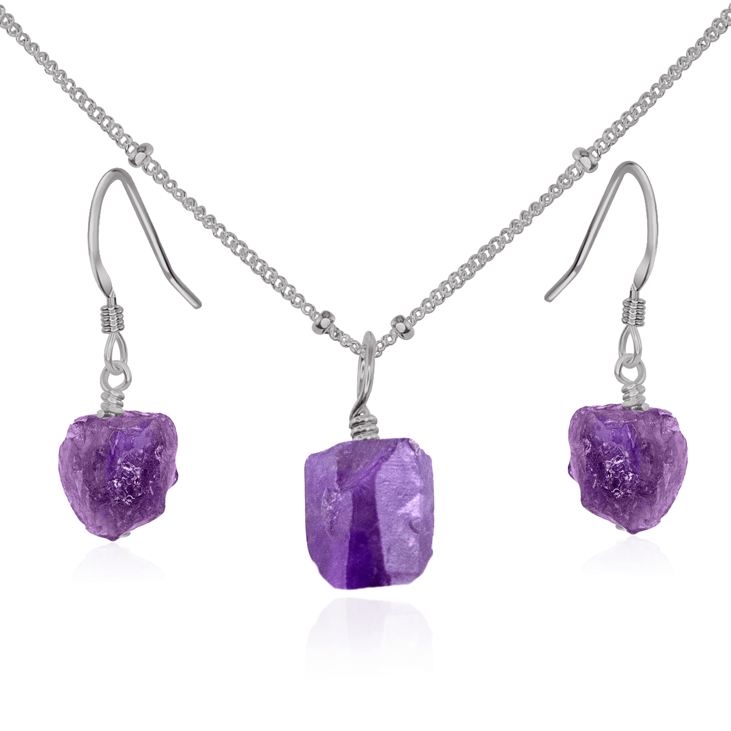 Raw Amethyst Crystal Earrings & Necklace Set - Raw Amethyst Crystal Earrings & Necklace Set - Stainless Steel / Satellite - Luna Tide Handmade Crystal Jewellery
