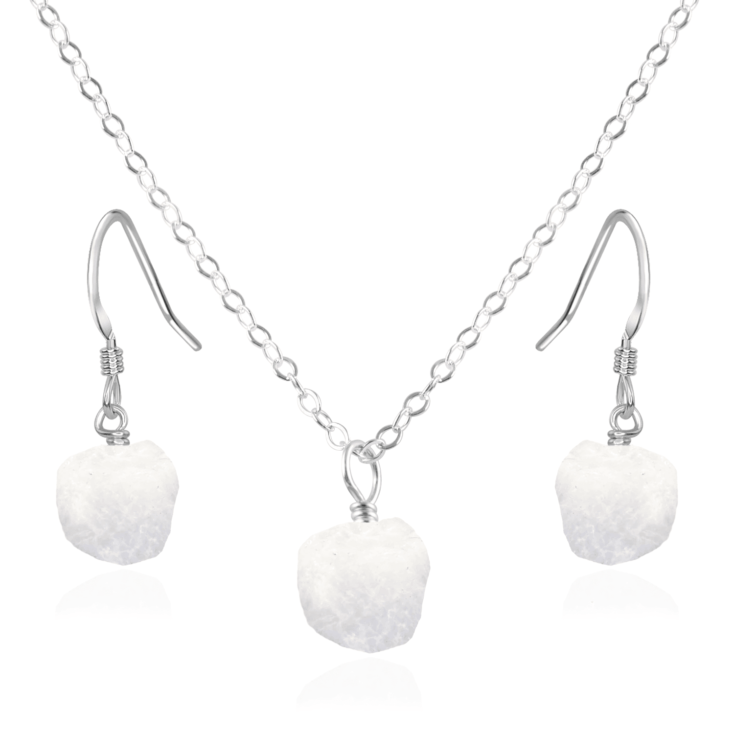 Raw Rainbow Moonstone Crystal Earrings & Necklace Set - Raw Rainbow Moonstone Crystal Earrings & Necklace Set - Sterling Silver / Cable - Luna Tide Handmade Crystal Jewellery