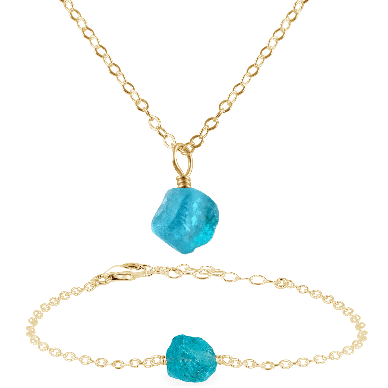 Raw Apatite Crystal Jewellery Set - Raw Apatite Crystal Jewellery Set - 14k Gold Fill / Cable / Necklace & Bracelet - Luna Tide Handmade Crystal Jewellery