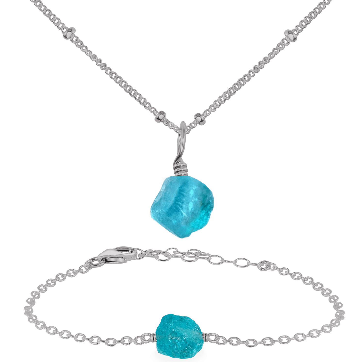 Raw Apatite Crystal Jewellery Set - Raw Apatite Crystal Jewellery Set - Stainless Steel / Satellite / Necklace & Bracelet - Luna Tide Handmade Crystal Jewellery