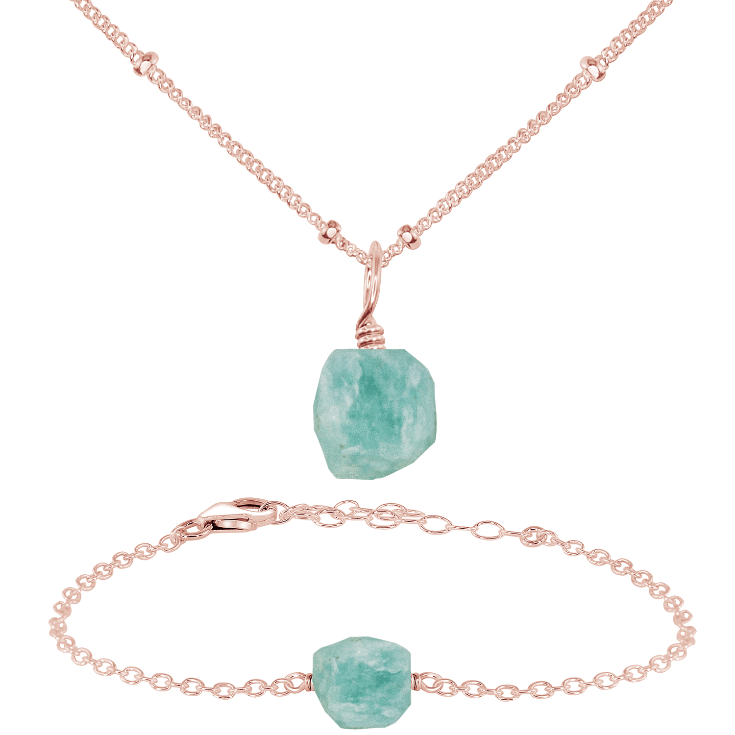 Raw Amazonite Crystal Jewellery Set - Raw Amazonite Crystal Jewellery Set - 14k Rose Gold Fill / Satellite / Necklace & Bracelet - Luna Tide Handmade Crystal Jewellery