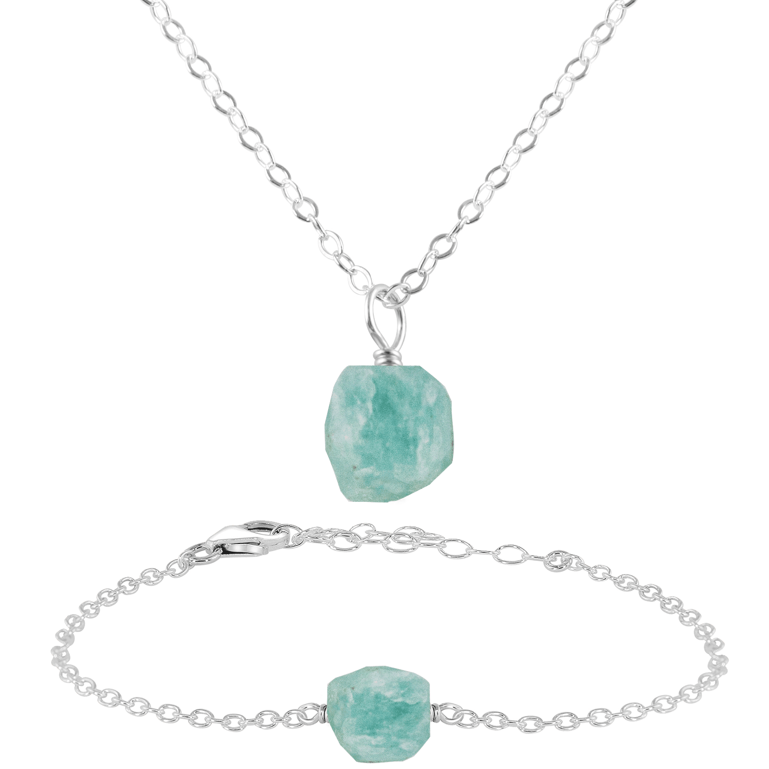 Raw Amazonite Crystal Jewellery Set - Raw Amazonite Crystal Jewellery Set - Sterling Silver / Cable / Necklace & Bracelet - Luna Tide Handmade Crystal Jewellery