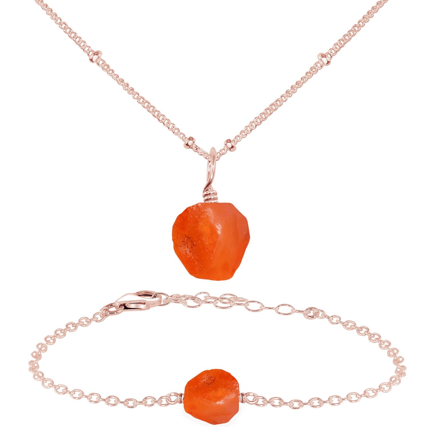 Raw Carnelian Crystal Jewellery Set - Raw Carnelian Crystal Jewellery Set - 14k Rose Gold Fill / Satellite / Necklace & Bracelet - Luna Tide Handmade Crystal Jewellery