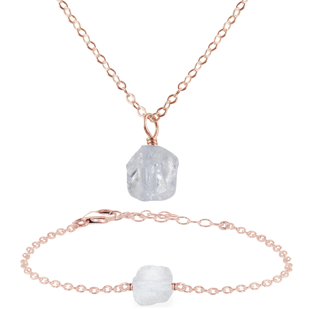 Raw Crystal Quartz Jewellery Set - Raw Crystal Quartz Jewellery Set - 14k Rose Gold Fill / Cable / Necklace & Bracelet - Luna Tide Handmade Crystal Jewellery