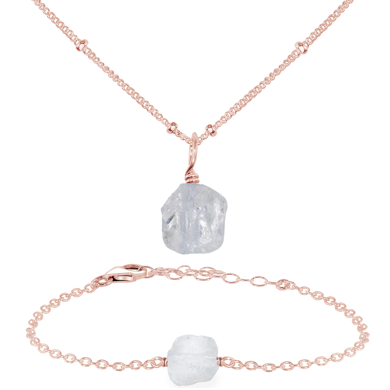 Raw Crystal Quartz Jewellery Set - Raw Crystal Quartz Jewellery Set - 14k Rose Gold Fill / Satellite / Necklace & Bracelet - Luna Tide Handmade Crystal Jewellery