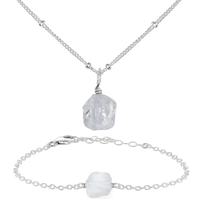 Raw Crystal Quartz Jewellery Set - Raw Crystal Quartz Jewellery Set - Sterling Silver / Satellite / Necklace & Bracelet - Luna Tide Handmade Crystal Jewellery