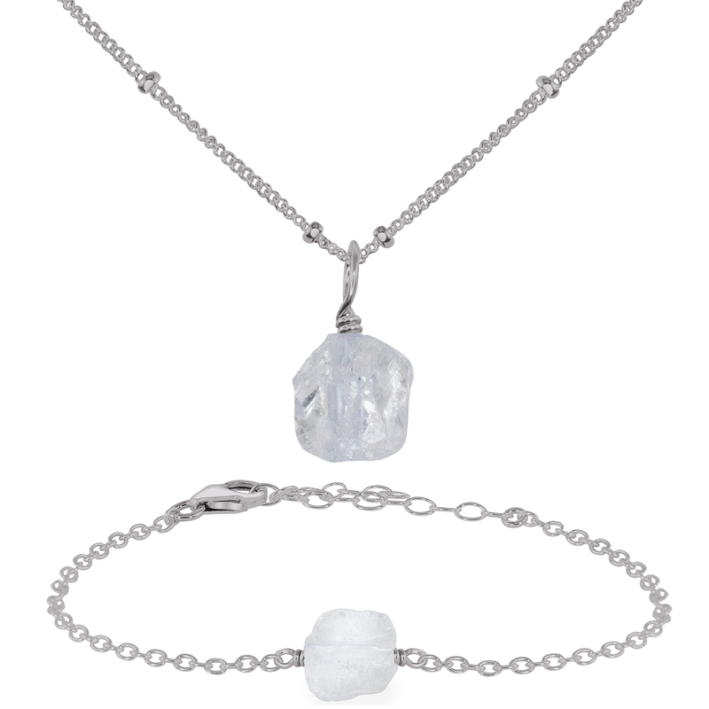 Raw Crystal Quartz Jewellery Set - Raw Crystal Quartz Jewellery Set - Stainless Steel / Satellite / Necklace & Bracelet - Luna Tide Handmade Crystal Jewellery