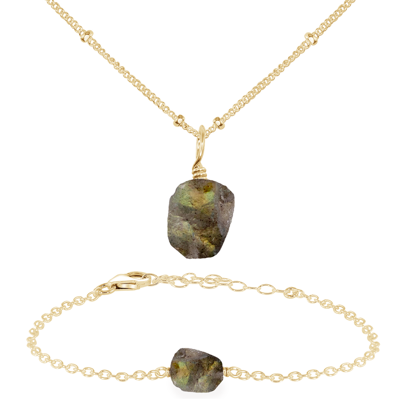 Raw Labradorite Crystal Jewellery Set - Raw Labradorite Crystal Jewellery Set - 14k Gold Fill / Satellite / Necklace & Bracelet - Luna Tide Handmade Crystal Jewellery