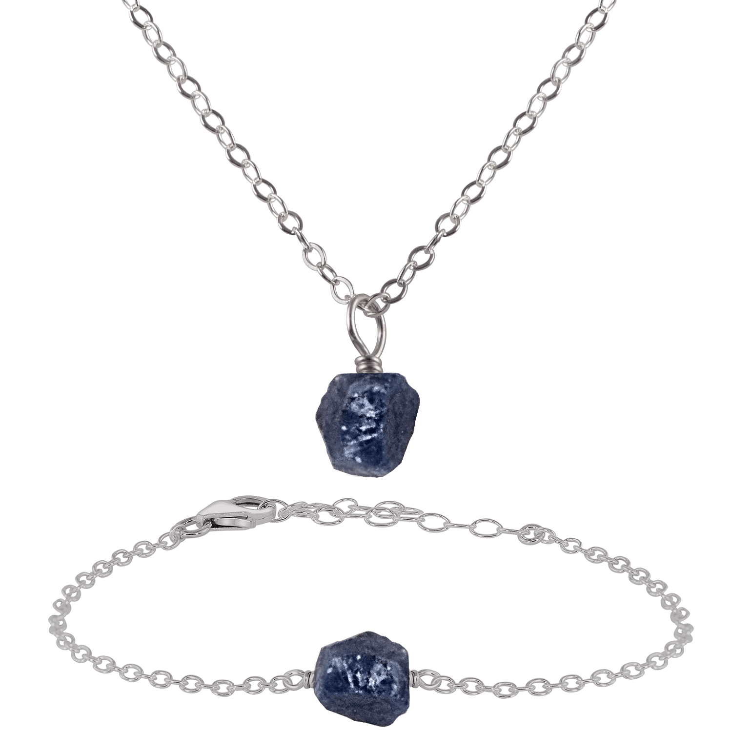 Raw Sapphire Crystal Jewellery Set - Raw Sapphire Crystal Jewellery Set - Stainless Steel / Cable / Necklace & Bracelet - Luna Tide Handmade Crystal Jewellery