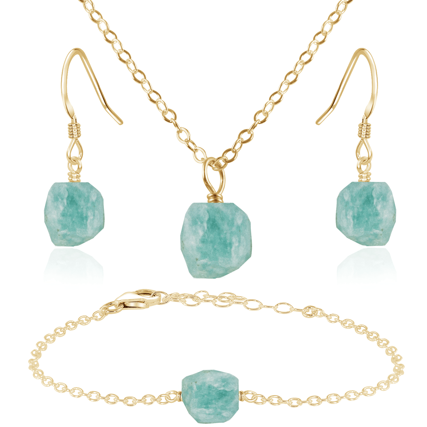 Raw Amazonite Crystal Jewellery Set - Raw Amazonite Crystal Jewellery Set - 14k Gold Fill / Cable / Necklace & Earrings & Bracelet - Luna Tide Handmade Crystal Jewellery