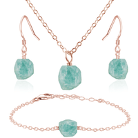 Raw Amazonite Crystal Necklace, Earrings and Bracelet Set - Raw Amazonite Crystal Necklace, Earrings and Bracelet Set - 14k Rose Gold Fill / Cable / Necklace & Earrings & Bracelet - Luna Tide Handmade Crystal Jewellery
