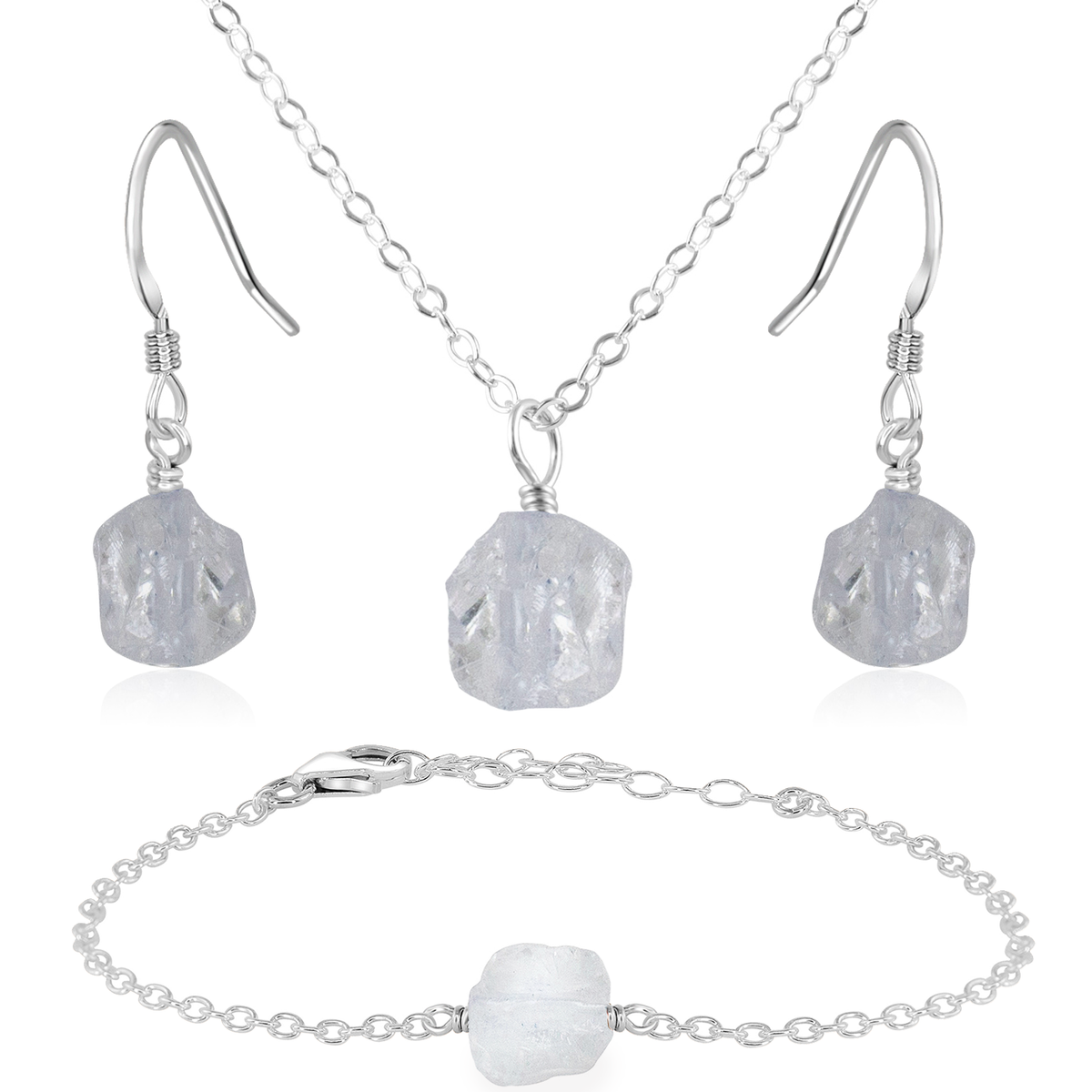 Raw Crystal Quartz Jewellery Set - Raw Crystal Quartz Jewellery Set - Sterling Silver / Cable / Necklace & Earrings & Bracelet - Luna Tide Handmade Crystal Jewellery