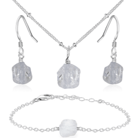 Raw Crystal Quartz Jewellery Set - Raw Crystal Quartz Jewellery Set - Sterling Silver / Satellite / Necklace & Earrings & Bracelet - Luna Tide Handmade Crystal Jewellery