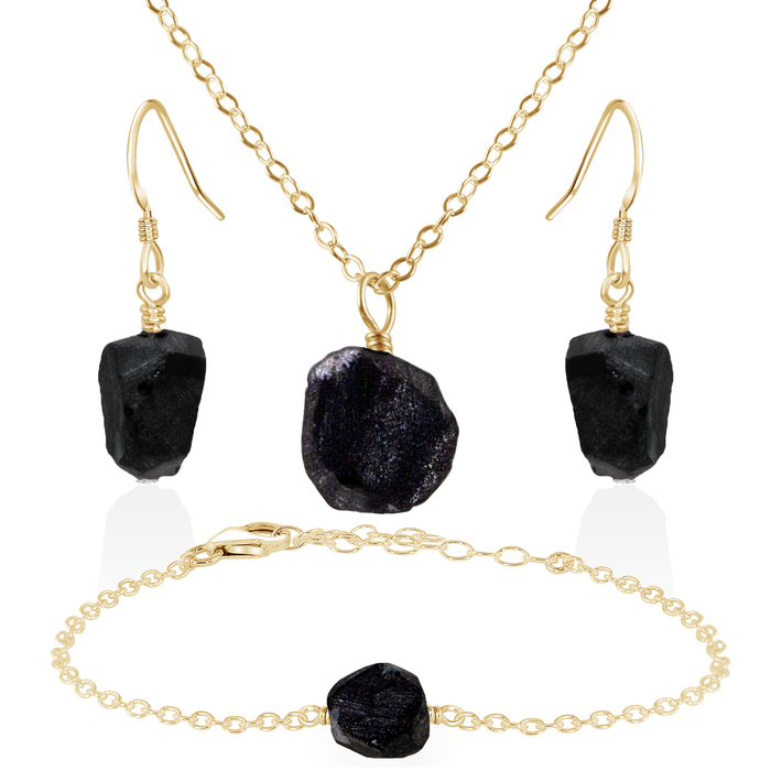 Raw Obsidian Crystal Jewellery Set - Raw Obsidian Crystal Jewellery Set - 14k Gold Fill / Cable / Necklace & Earrings & Bracelet - Luna Tide Handmade Crystal Jewellery