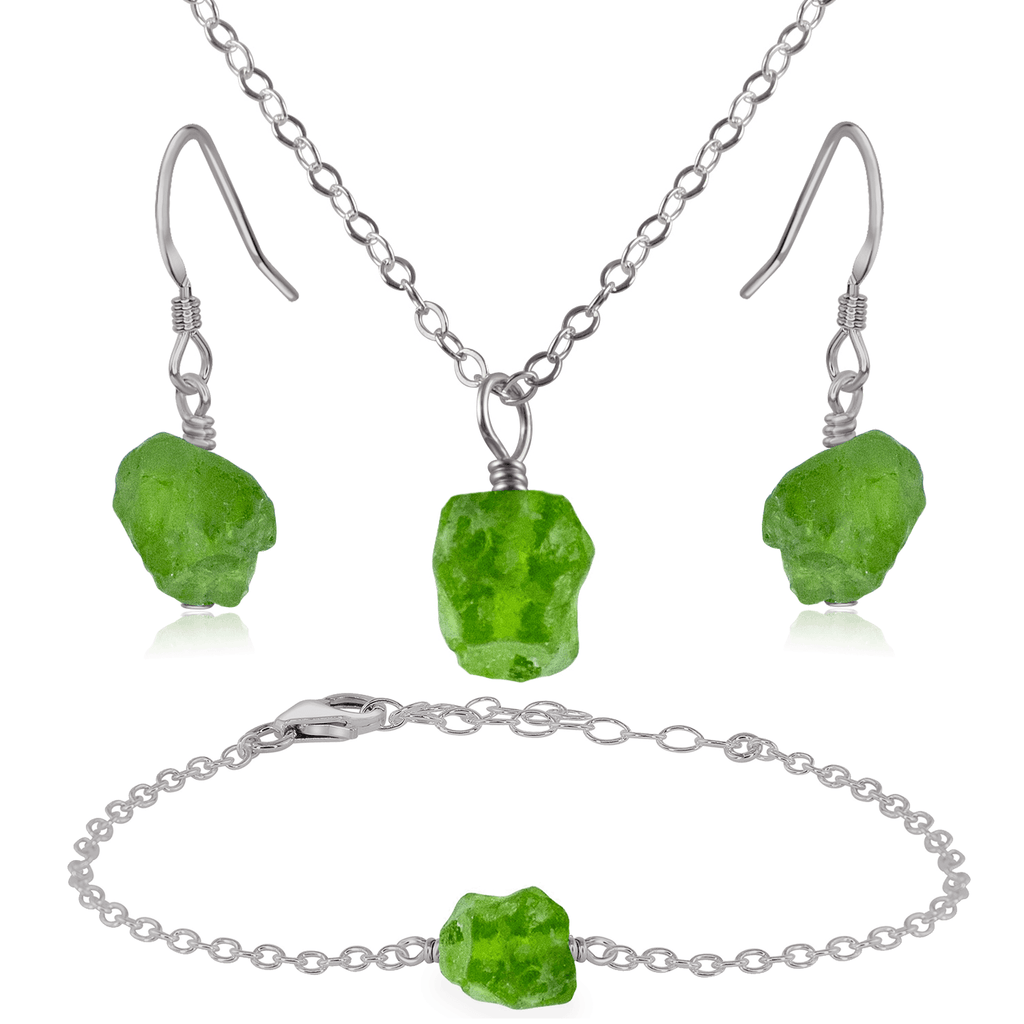Raw Peridot Crystal Jewellery Set - Raw Peridot Crystal Jewellery Set - Stainless Steel / Cable / Necklace & Earrings & Bracelet - Luna Tide Handmade Crystal Jewellery
