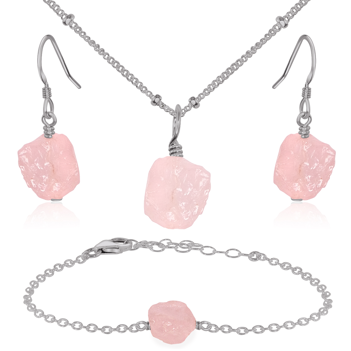 Raw Rose Quartz Crystal Jewellery Set