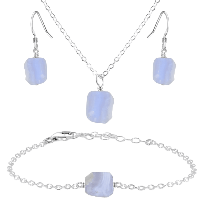 Raw Blue Lace Agate Crystal Earrings, Necklace & Bracelet Set