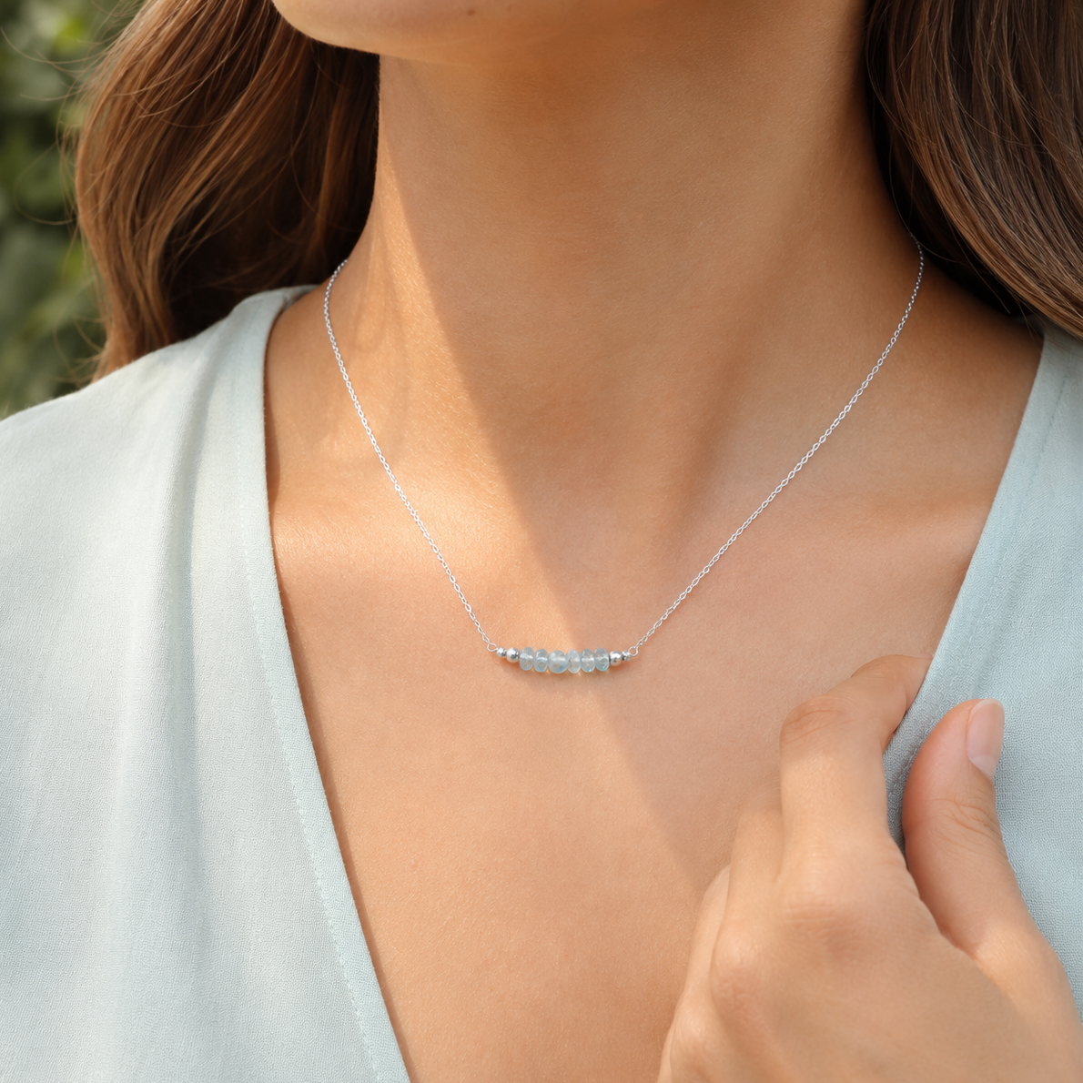 Sparkling Blue Aquamarine Faceted Bead Bar Necklace