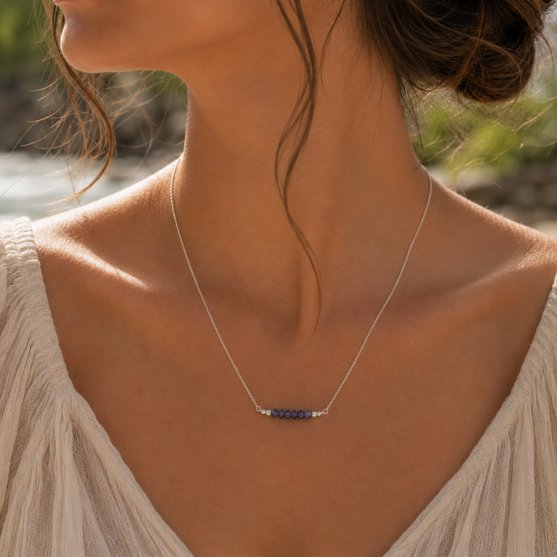 Sparkling Blue Grey Iolite Faceted Bead Bar Necklace