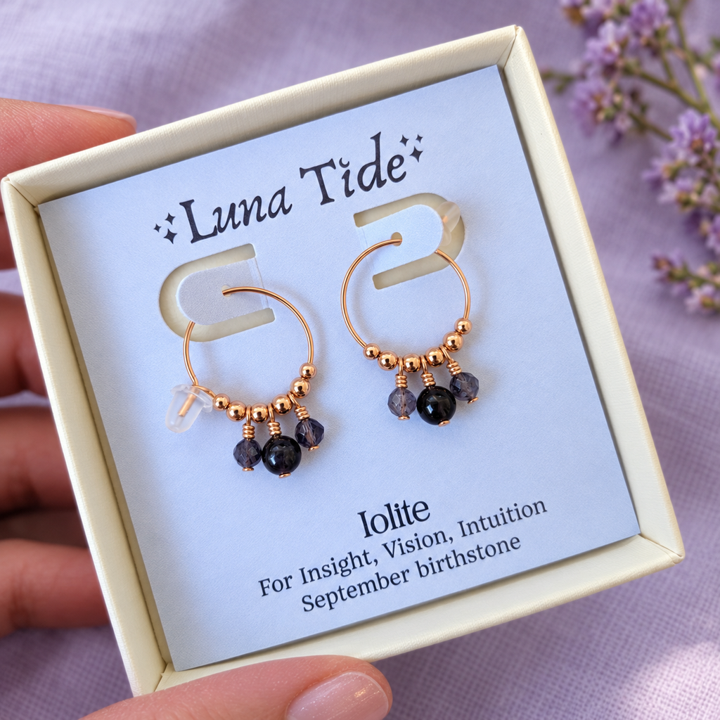 Tiny Iolite Gemstone Bead Hoop Earrings