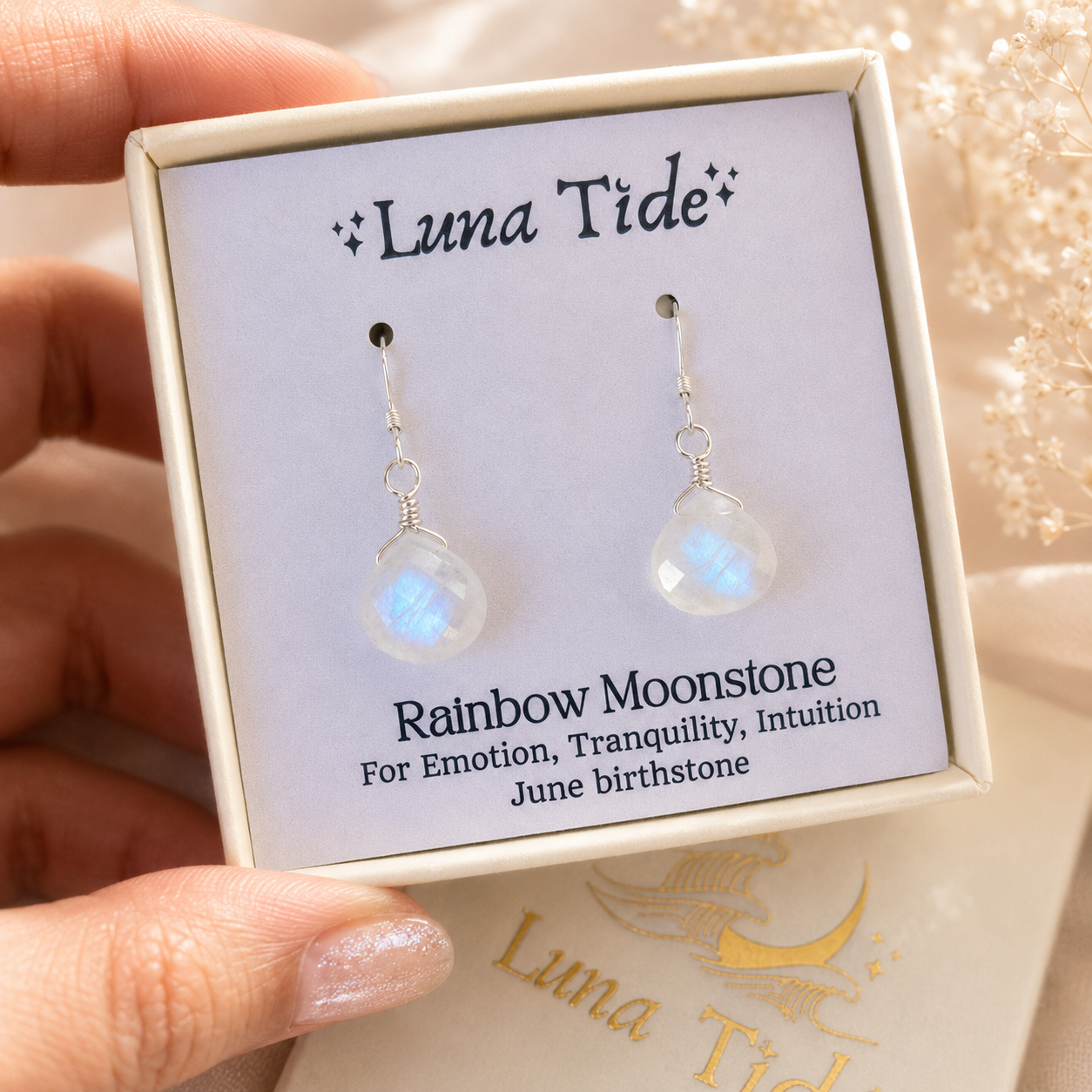 Rainbow Moonstone Gemstone Teardrop Dangle Earrings