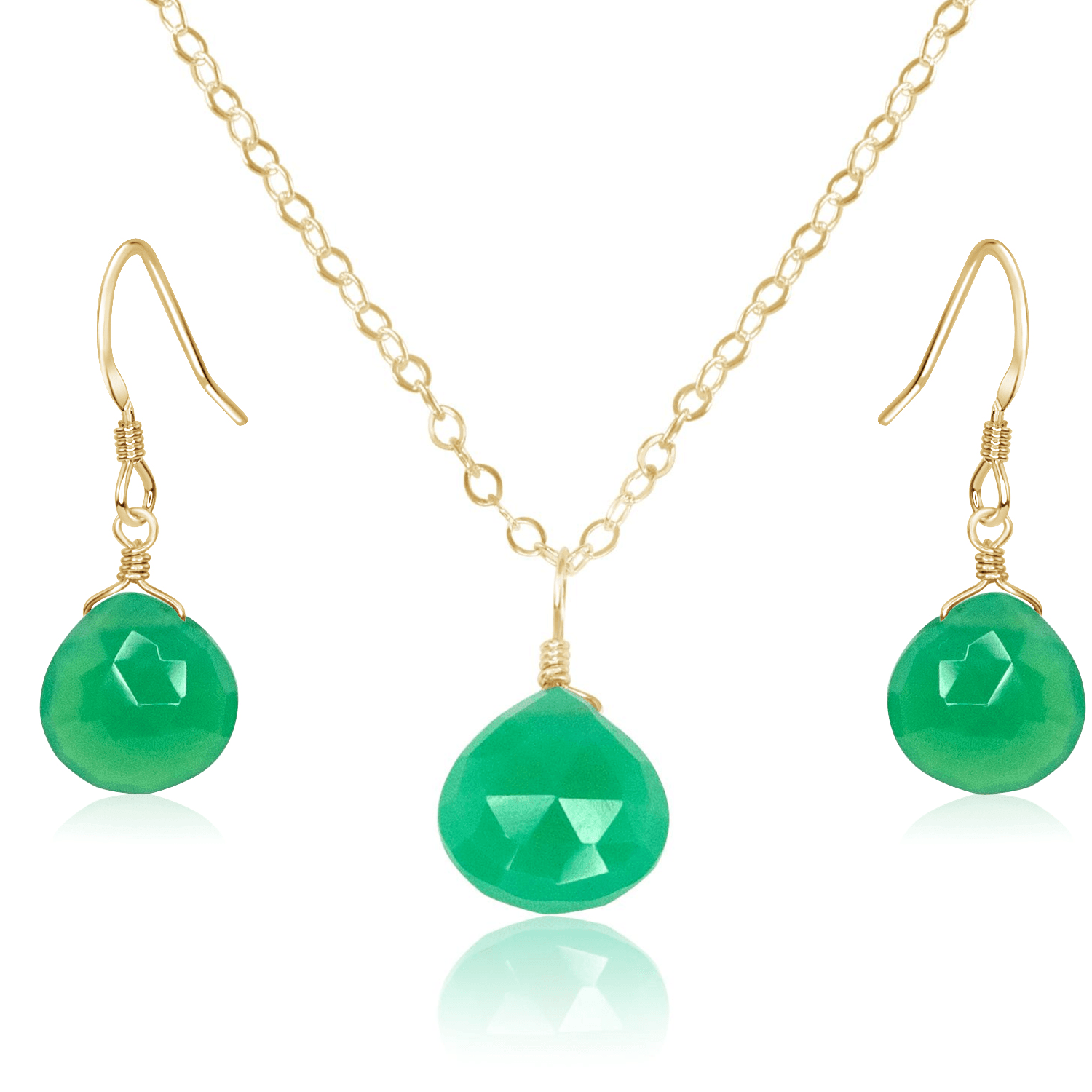 Chrysoprase Tiny Teardrop Earrings & Necklace Set - Chrysoprase Tiny Teardrop Earrings & Necklace Set - 14k Gold Fill / Cable - Luna Tide Handmade Crystal Jewellery