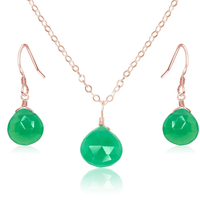 Chrysoprase Tiny Teardrop Earrings & Necklace Set - Chrysoprase Tiny Teardrop Earrings & Necklace Set - 14k Rose Gold Fill / Cable - Luna Tide Handmade Crystal Jewellery