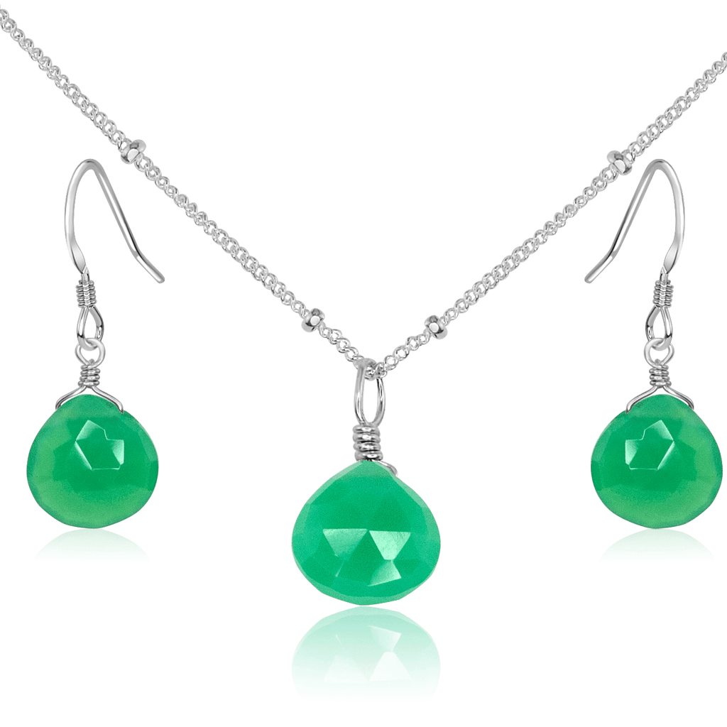 Chrysoprase Tiny Teardrop Earrings & Necklace Set - Chrysoprase Tiny Teardrop Earrings & Necklace Set - Sterling Silver / Satellite - Luna Tide Handmade Crystal Jewellery